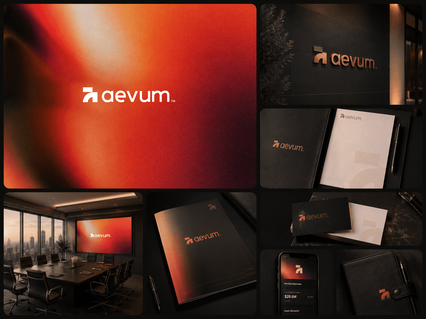 The Aevum identity applied across signage, stationery, report covers, a boardroom screen and the client app