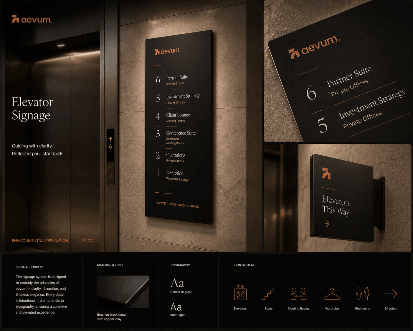 Aevum elevator signage board — a floor directory in brushed black metal with copper inlay, a projecting wayfinding blade, and the material, typography and icon system beneath