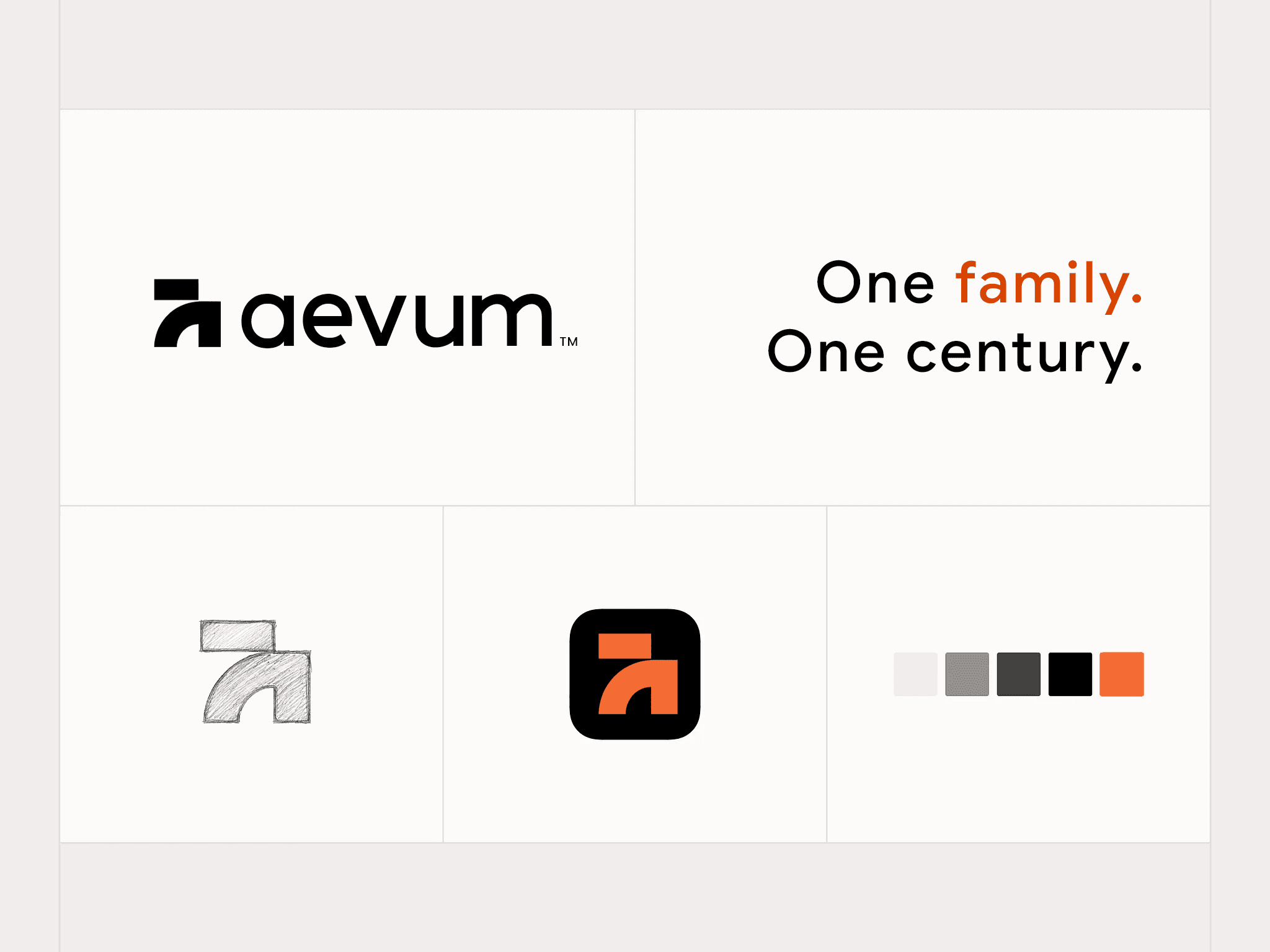 Aevum brand system sheet — logotype, the line “One family. One century.”, the original mark sketch, app icon and colour palette