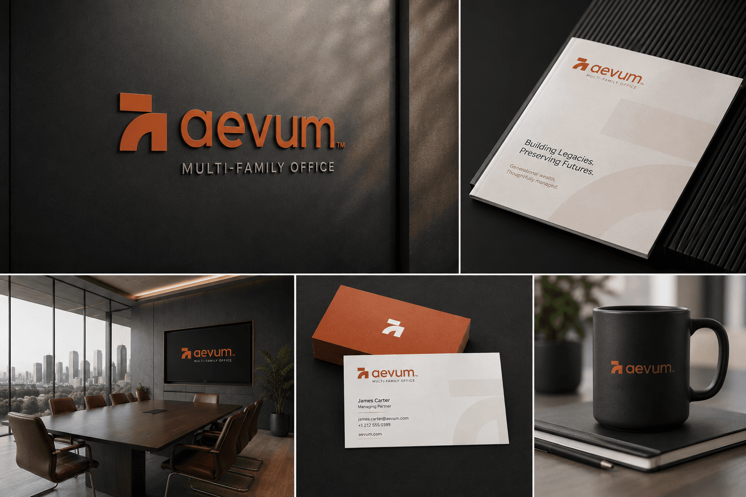 Aevum applied to office signage, a brochure, a boardroom screen, business cards and a branded mug