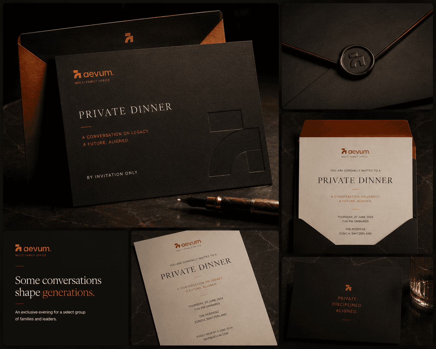 Aevum private dinner invitation suite — a debossed black card, wax-sealed envelope and copper-lined liner under the line “Some conversations shape generations.”