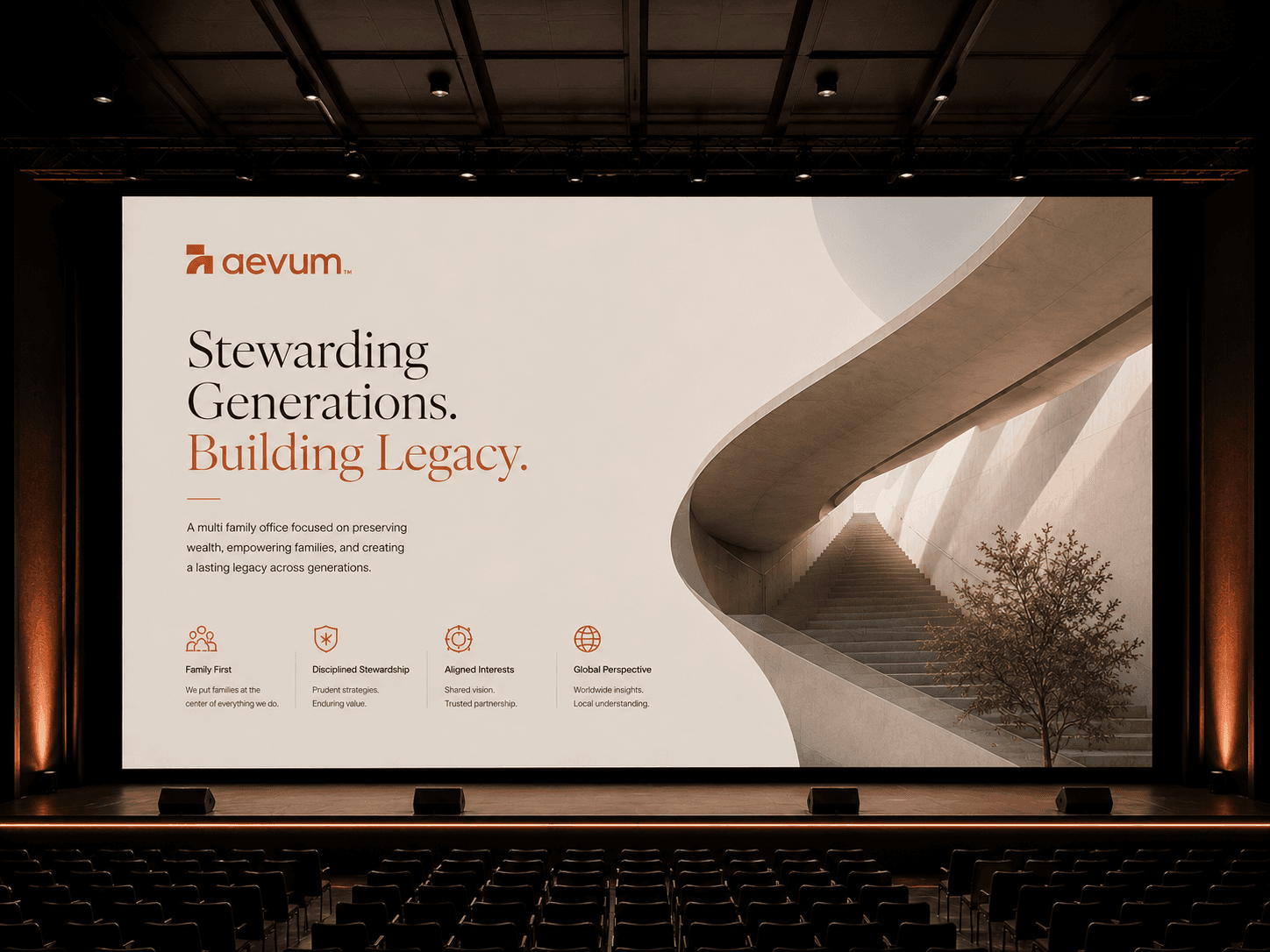 The Aevum keynote slide on an auditorium screen — the logotype, “Stewarding Generations. Building Legacy.” and the four principles beside a curved concrete stairwell