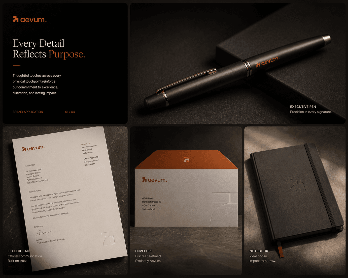 Aevum stationery board — a bronze-trimmed executive pen, letterhead, a copper-lined envelope and an embossed notebook under the line “Every Detail Reflects Purpose.”