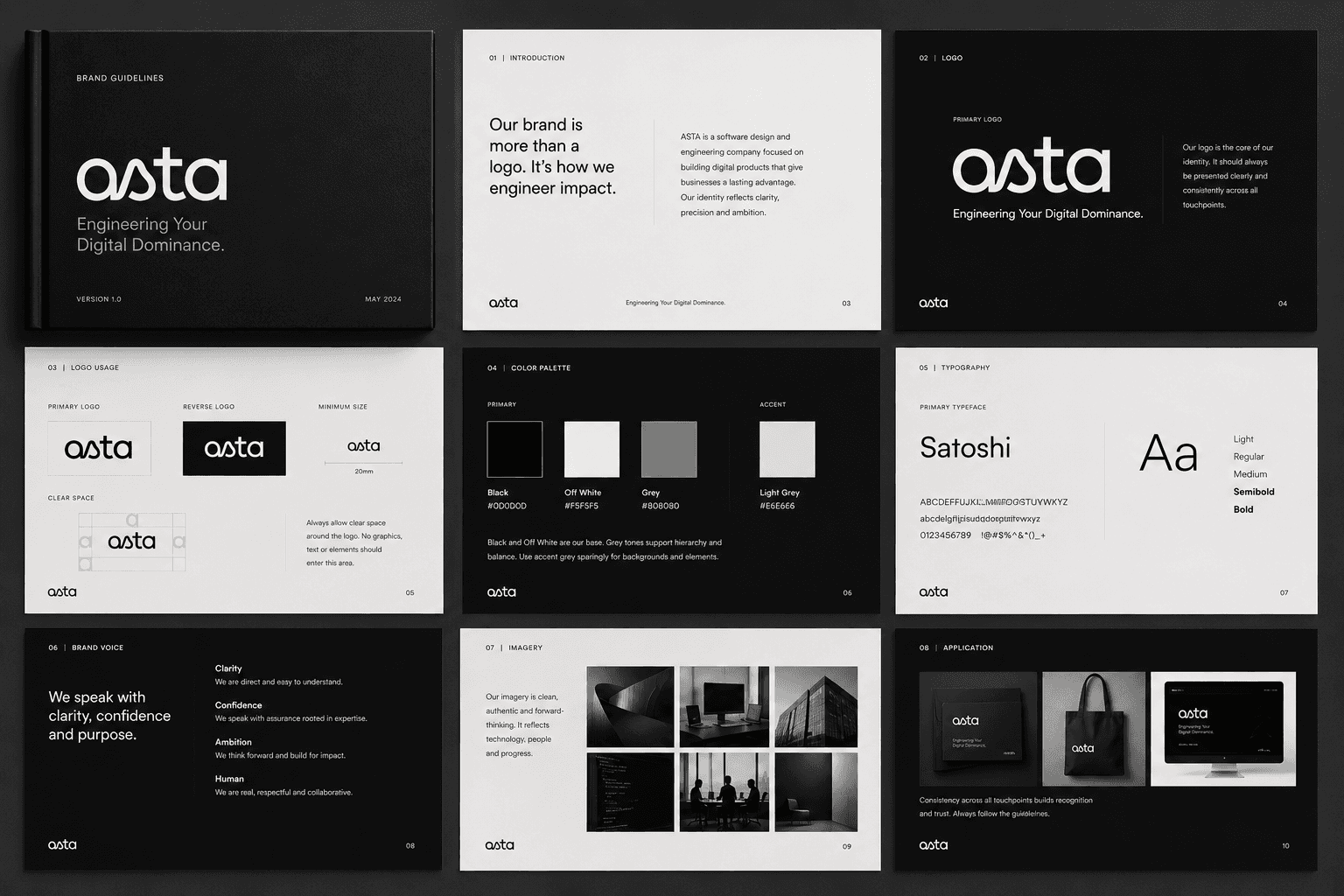 The Asta brand book, cover and eight spreads covering logo usage and clear space, the black and off white palette, Satoshi as the primary typeface, brand voice, imagery and application