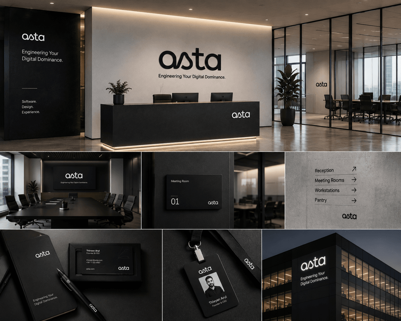 The Asta office, the lit reception logotype, a boardroom screen, meeting room door plates, wayfinding, the employee pass and the building sign at dusk