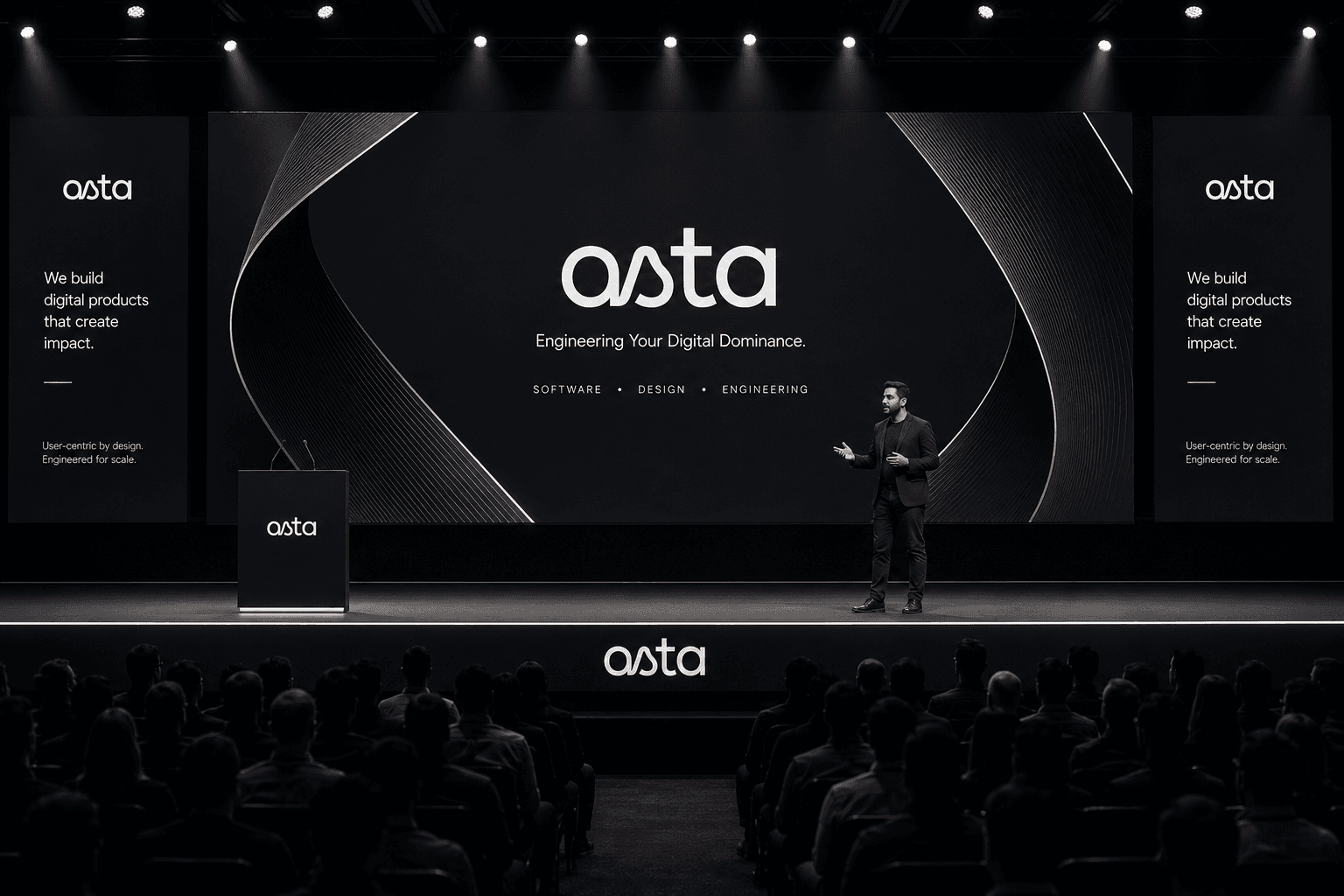 The Asta logotype on the keynote screen above the line “Engineering Your Digital Dominance.”