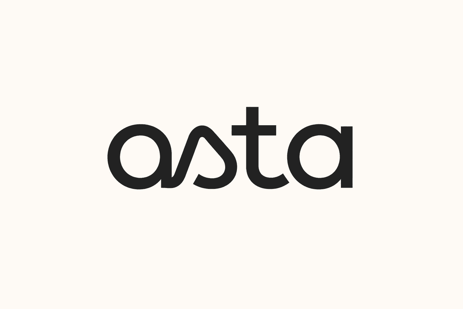 The Asta logotype in black on off white, the a and the s drawn as one unbroken stroke