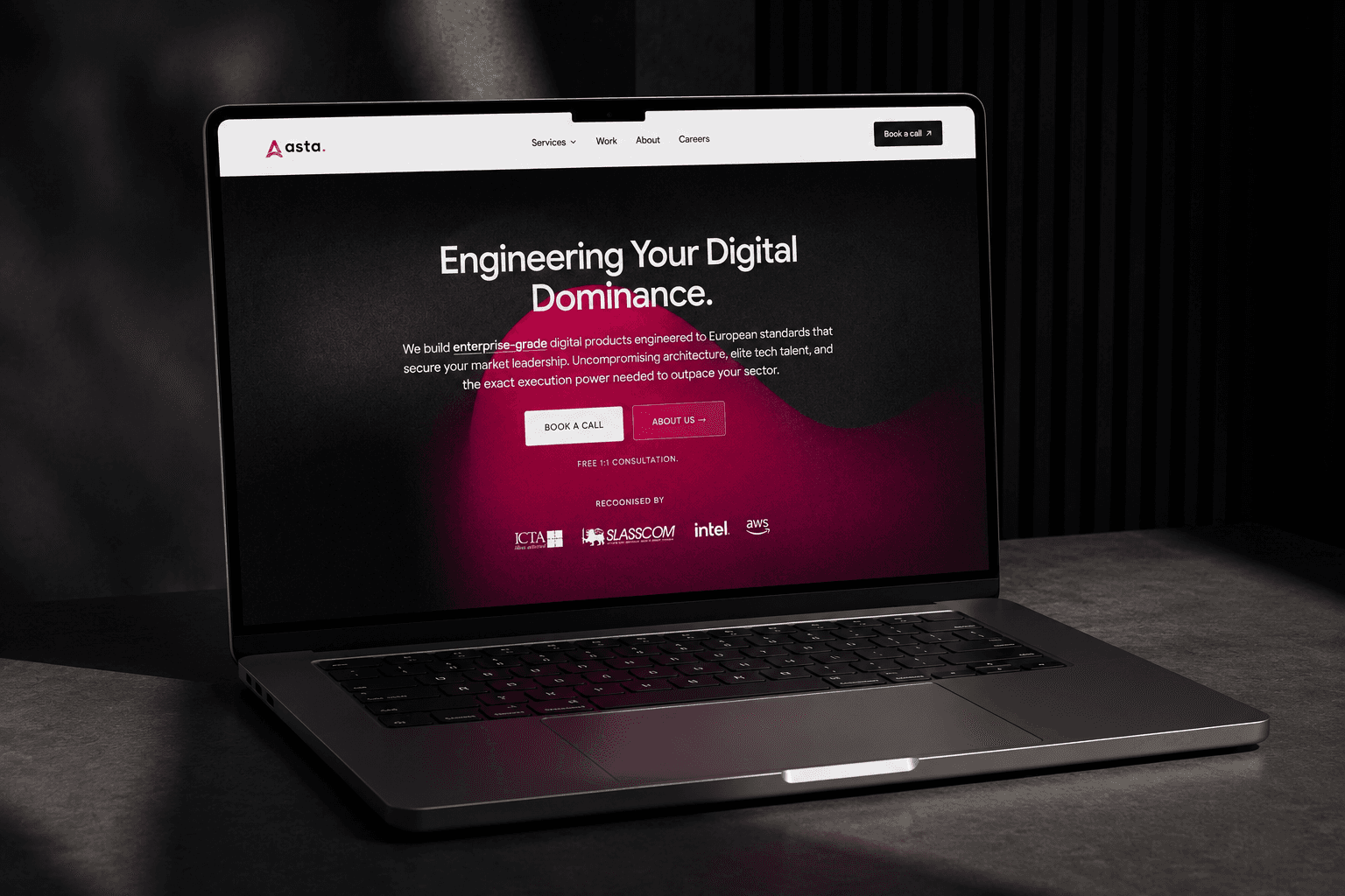 The rebuilt astalab.io homepage on a laptop, headlined “Engineering Your Digital Dominance.” above the recognition row