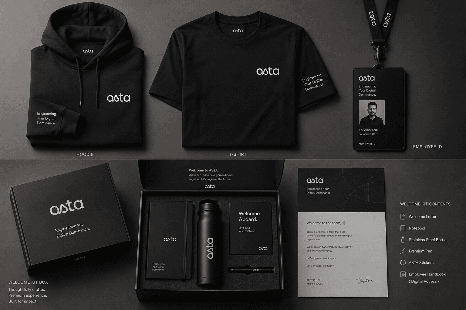 The Asta welcome kit, hoodie, t-shirt and employee pass above the kit box holding a notebook, bottle, pen and welcome letter