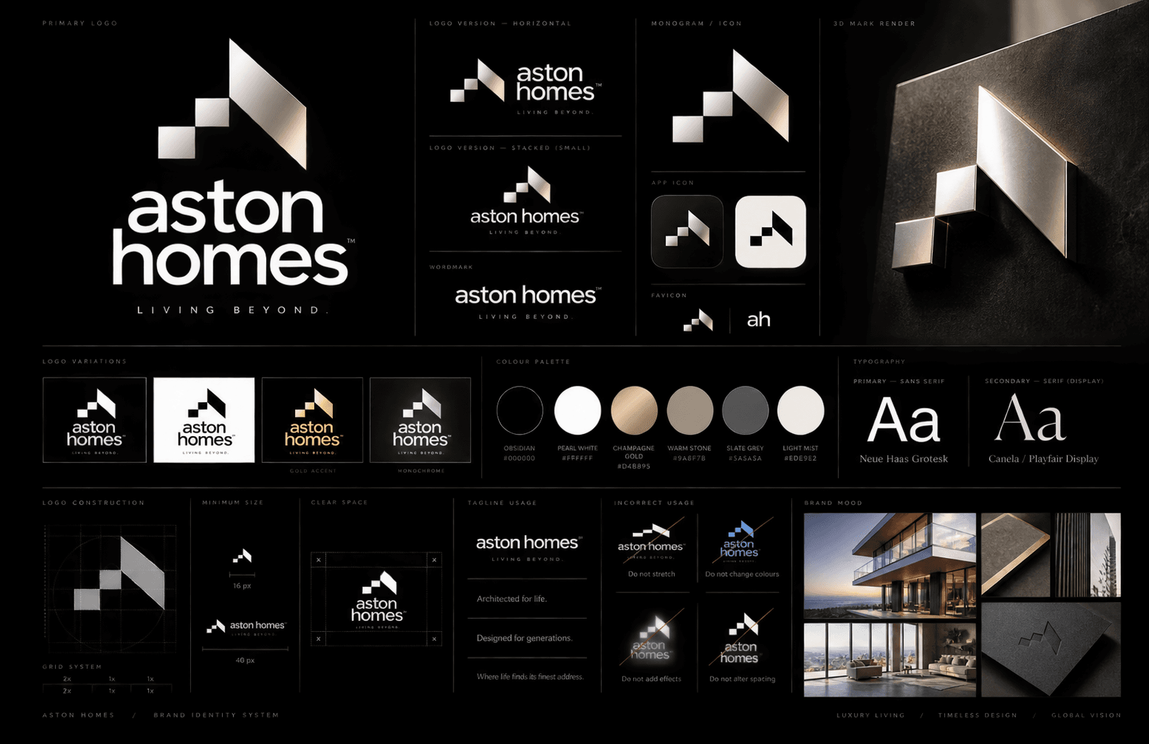 The Aston Homes identity system, the primary logotype with its horizontal, stacked and monogram versions, app icon and favicon, the palette from obsidian to champagne gold, Neue Haas Grotesk set against Canela, and the construction grid, clear space and misuse rules