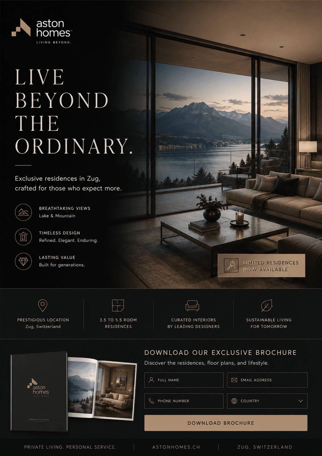 The campaign landing page, “Live beyond the ordinary.” over a lake view interior, with the residence features and the brochure download form