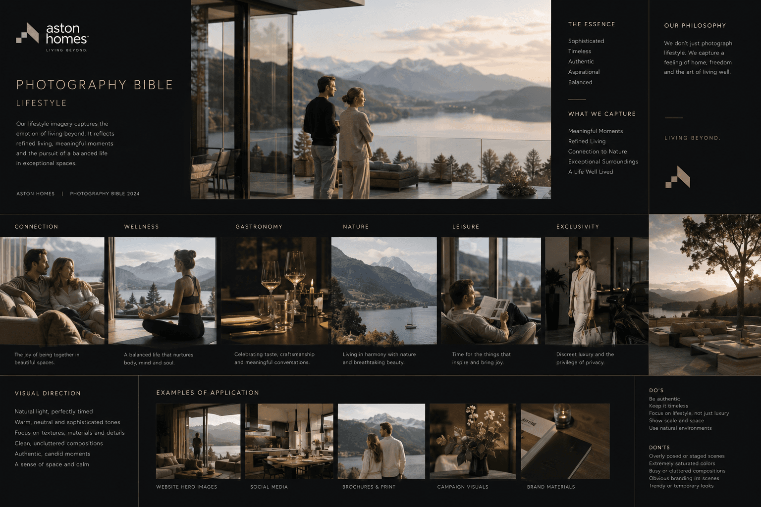The Aston Homes photography bible, six categories of lifestyle imagery from connection to exclusivity, with the visual direction and the do and do not list