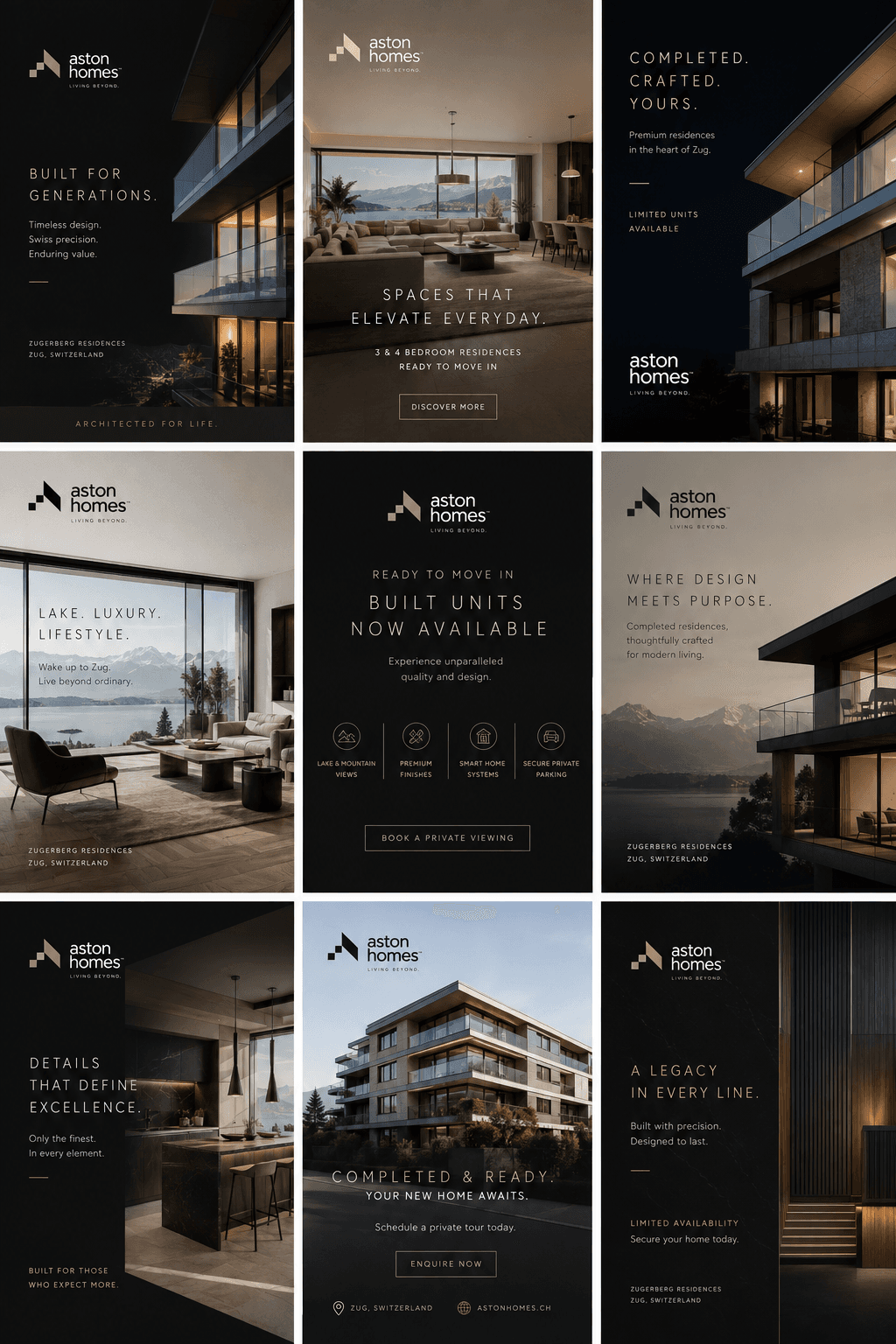 Nine social posts covering the sales cycle, from “Built for generations.” and “Lake. Luxury. Lifestyle.” through to “Completed and ready. Your new home awaits.”