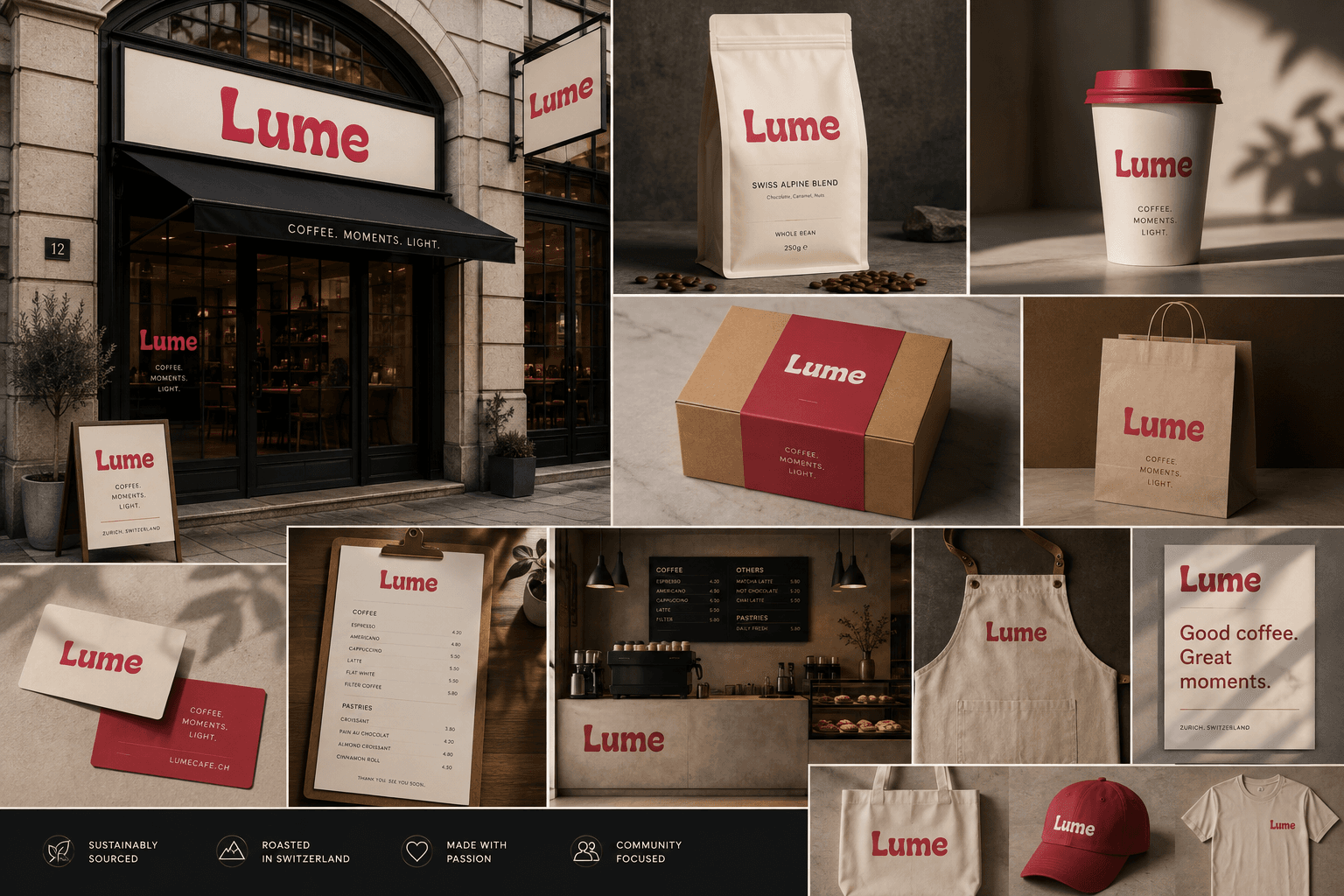 The Lume identity applied across the storefront and awning, retail packaging, takeaway cups, stationery, the menu, an apron and merchandise