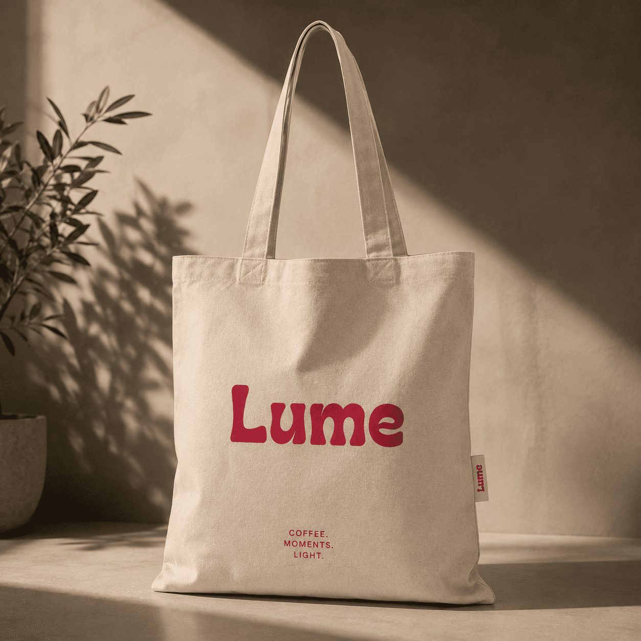 A branded canvas tote — the Lume wordmark in red above “Coffee. Moments. Light.”
