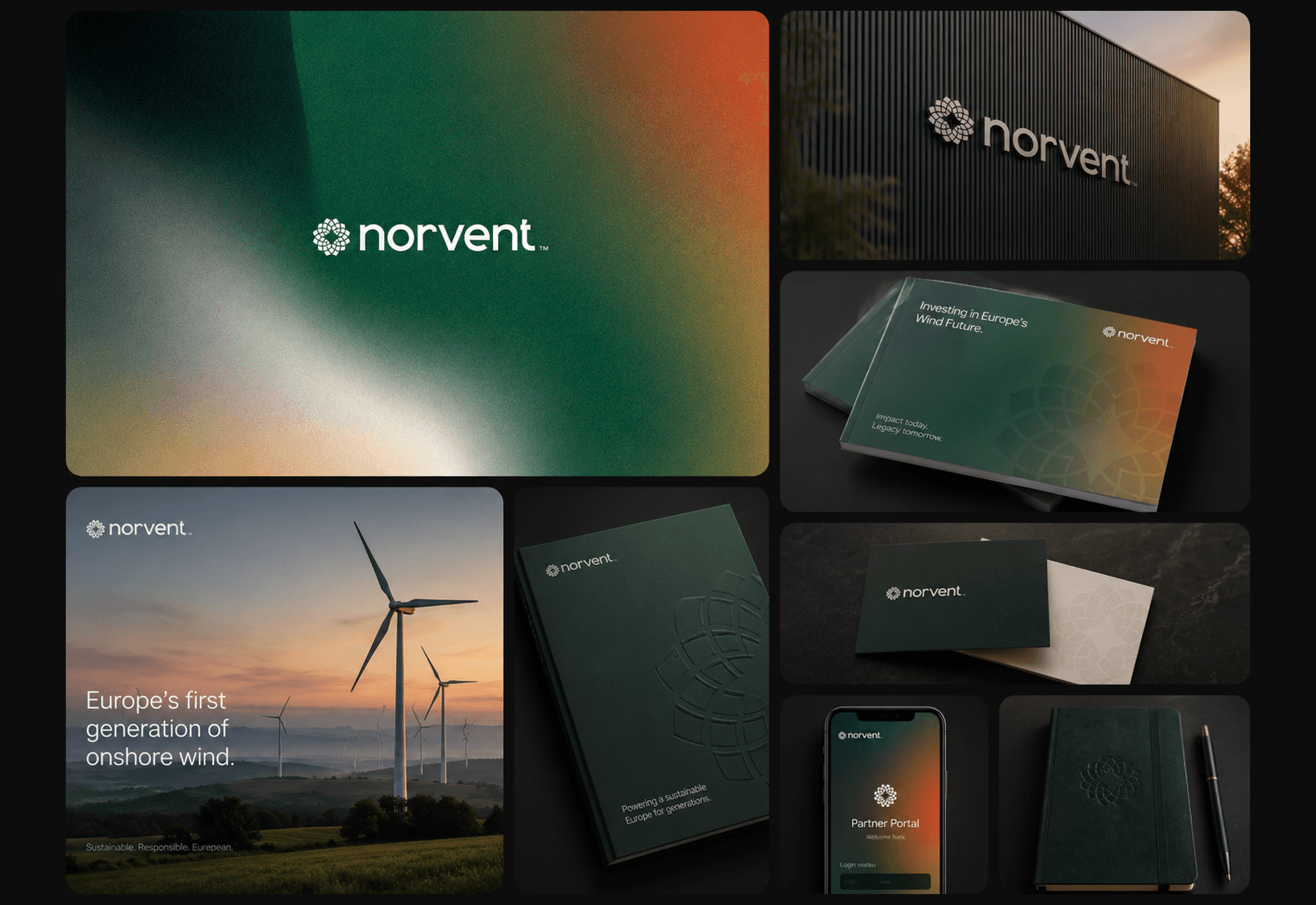 The Norvent identity applied across building signage, an investor brochure, business cards, the partner portal app and an embossed notebook