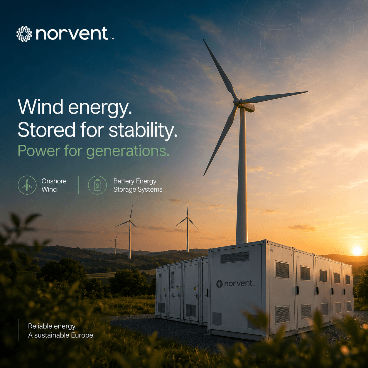 Campaign shot — “Wind energy. Stored for stability.” with the onshore wind and battery storage marks over a turbine and BESS units