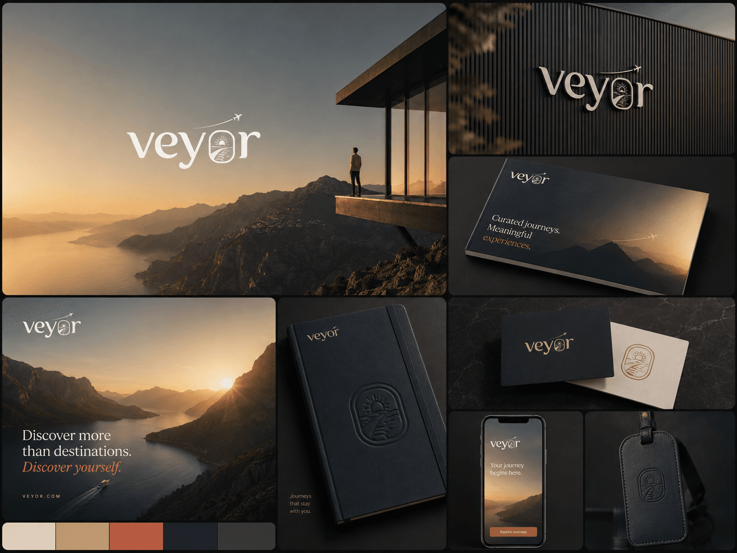 The Veyor identity applied across building signage, a brochure, an embossed notebook, business cards, the mobile app and a leather luggage tag, with the colour palette