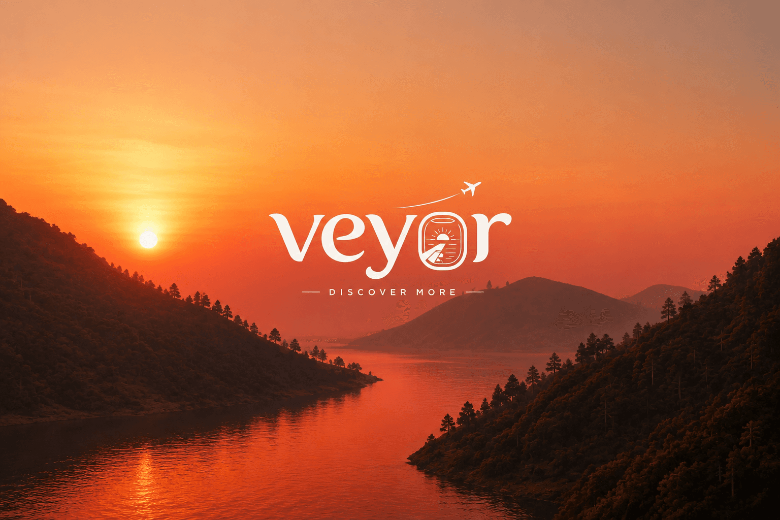 The Veyor logotype and the line “Discover more” in white over a river valley at sunset